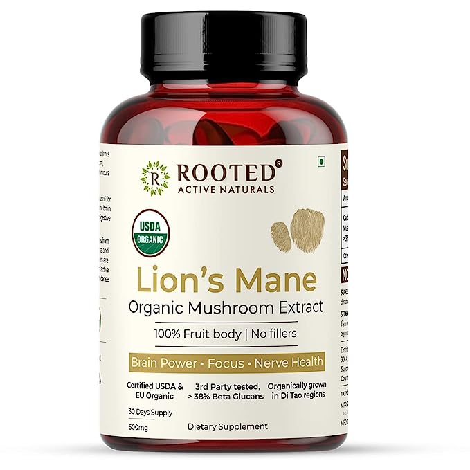 Rooted Lions Mane mushroom Extract Capsules 500 mg | Memory, Focus, Brain Powder & Nerve Health. USDA Organic, 38% Beta Glucans, Certified organic - CBD Store India