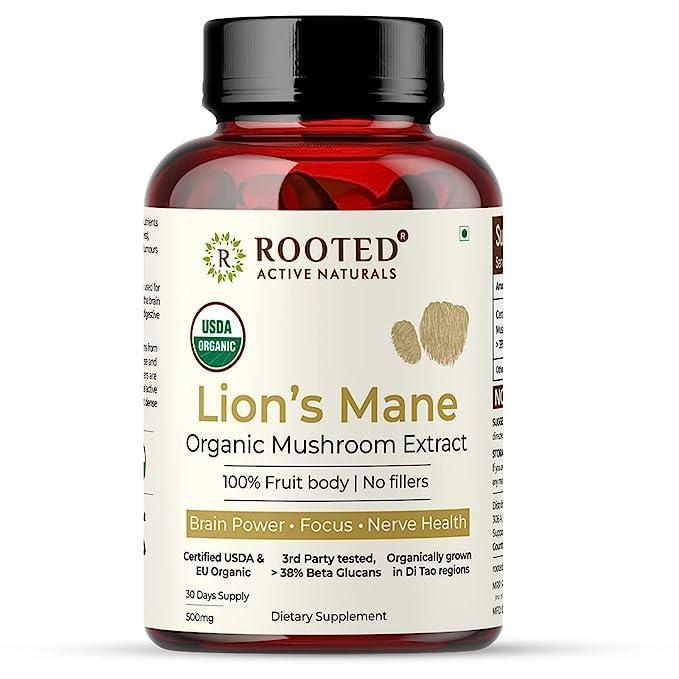 Rooted Actives Lions Mane mushroom Extract  (Veg Caps, 500 mg) | Memory, Focus, Brain Powder & Nerve Health..
