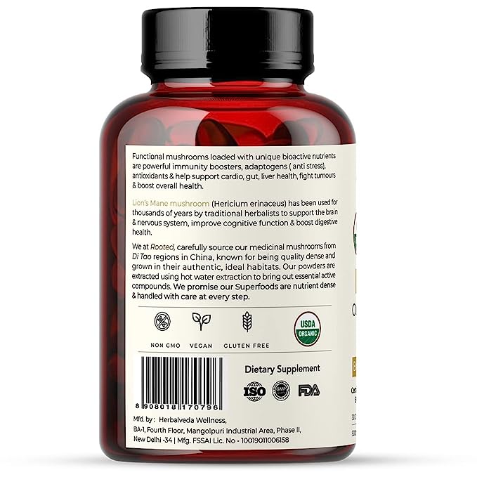 Rooted Lions Mane mushroom Extract Capsules 500 mg | Memory, Focus, Brain Powder & Nerve Health. USDA Organic, 38% Beta Glucans, Certified organic - CBD Store India