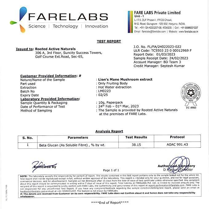 Rooted Actives Lions Mane mushroom Extract  (Veg Caps, 500 mg) | Memory, Focus, Brain Powder & Nerve Health..