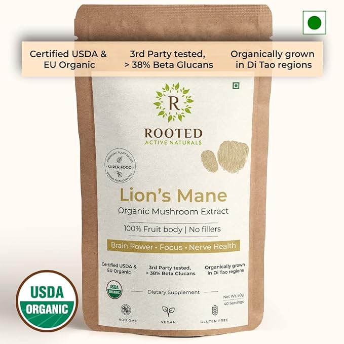 Rooted Lions Mane mushroom Extract Powder (120 gm) | Memory, Focus, Brain Powder & Nerve Health. USDA Organic, 38% Beta Glucans, Certified organic - CBD Store India