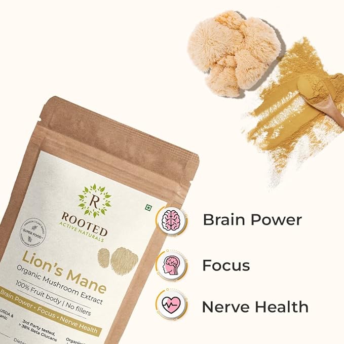 Rooted Lions Mane mushroom Extract Powder (120 gm) | Memory, Focus, Brain Powder & Nerve Health. USDA Organic, 38% Beta Glucans, Certified organic - CBD Store India