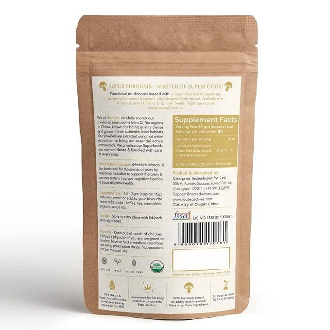 Rooted Lions Mane mushroom Extract Powder (120 gm) | Memory, Focus, Brain Powder & Nerve Health..