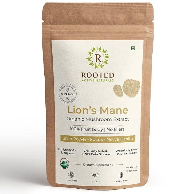 Rooted Lions Mane mushroom Extract Powder (120 gm) | Memory, Focus, Brain Powder & Nerve Health.Mushroom Extract PowderLions Mane Mushroom Extract | Brain and Nerve Health