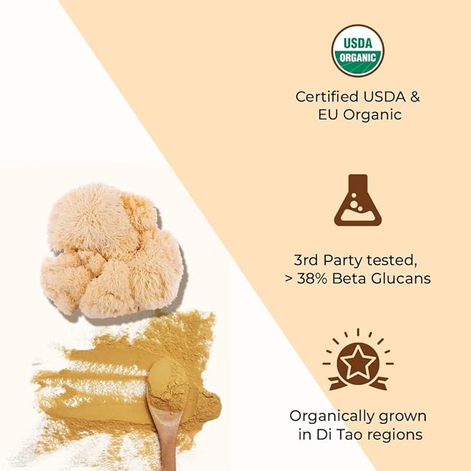 Rooted Lions Mane mushroom Extract Powder (120 gm) | Memory, Focus, Brain Powder & Nerve Health. USDA Organic, 38% Beta Glucans, Certified organic - CBD Store India