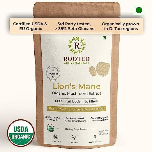 Rooted Lions Mane Mushroom Extract Powder (60 gm) | Memory, Focus, Brain Powder & Nerve Health..