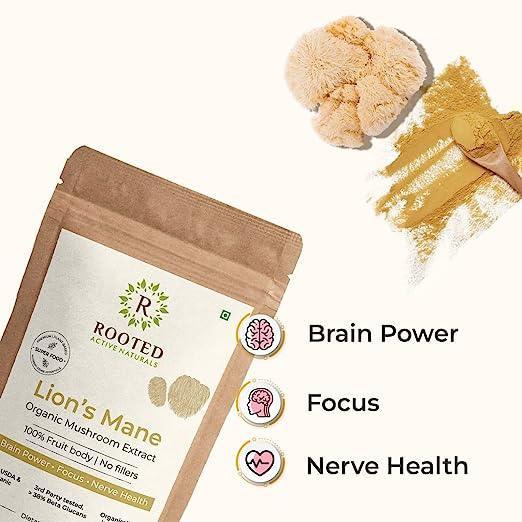 Rooted Lions Mane Mushroom Extract Powder (60 gm) | Memory, Focus, Brain Powder & Nerve Health..