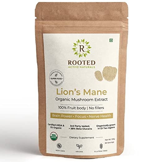 Rooted Lions Mane Mushroom Extract Powder | Memory, Focus, Brain Powder & Nerve Health. USDA Organic, 38% Beta Glucans, Certified organic - CBD Store India