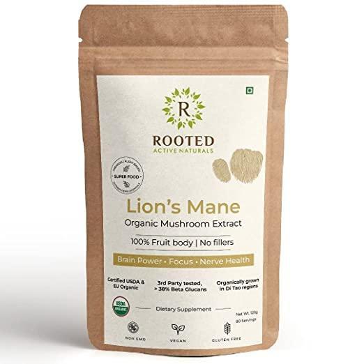 Rooted Lions Mane Mushroom Extract Powder (60 gm) | Memory, Focus, Brain Powder & Nerve Health..