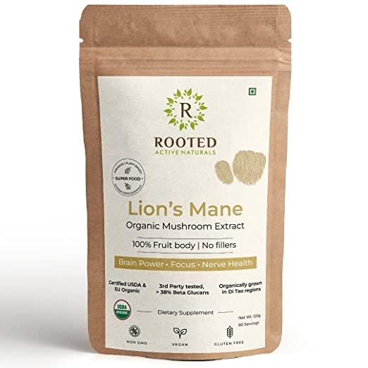 Rooted Lions Mane Mushroom Extract Powder (60 gm) | Memory, Focus, Brain Powder & Nerve Health.Mushroom Extract PowderLions Mane Mushroom Extract Powder | Supports Brain, Nerve & Heart