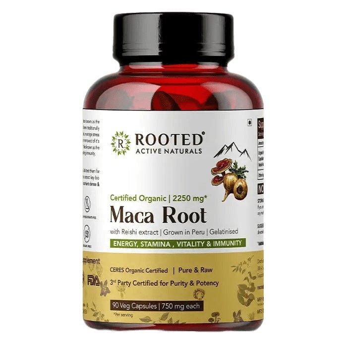 Rooted Actives Maca Root Extract with Reishi Mushroom (90 Veg Caps, 750 mg) -Stamina, Virility, Hormonal support.