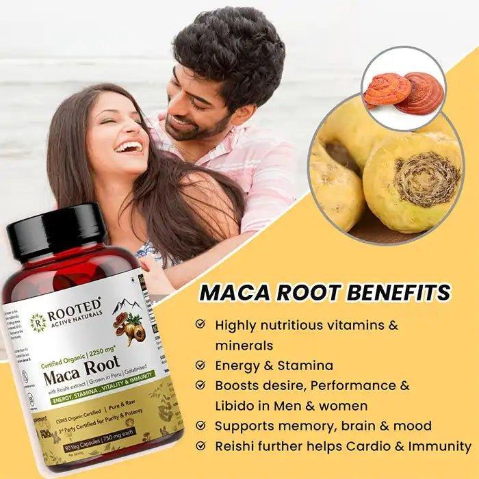 Rooted Actives Maca Root Extract with Reishi Mushroom (90 Veg Caps, 750 mg) -Stamina, Virility, Hormonal support.