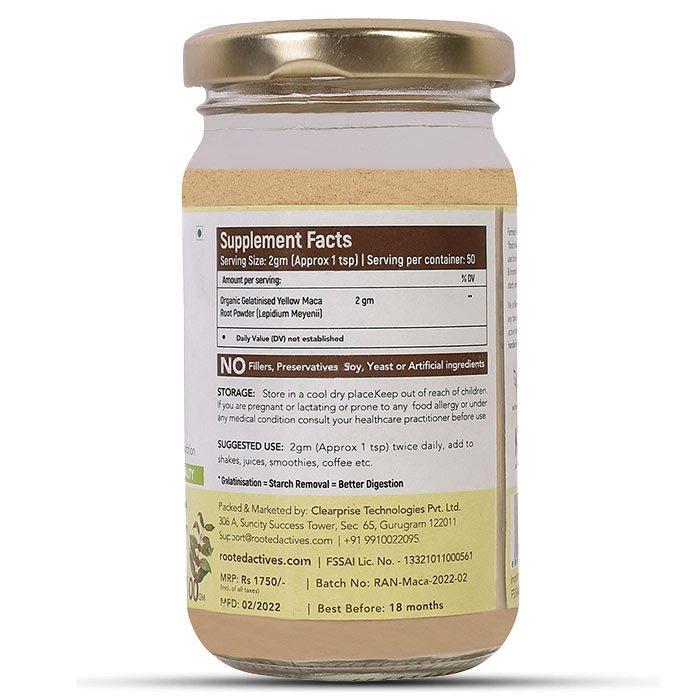 Rooted Actives Maca Root Extract powder (100 g) -Stamina, Virility, Hormonal support | Imported from Peru, Certified Organic, Gelatinised.