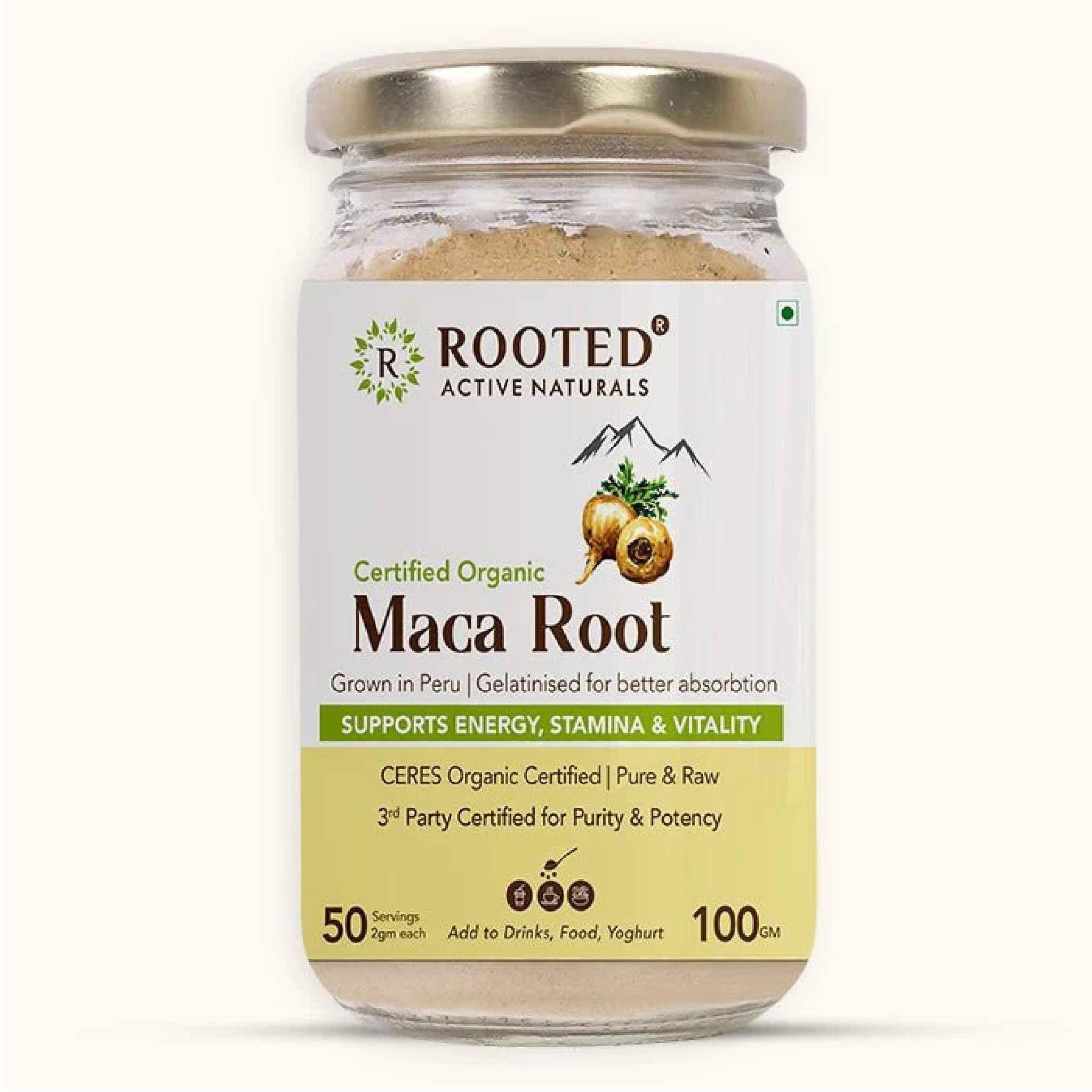 Rooted Actives Maca Root Extract powder (100 g) -Stamina, Virility, Hormonal support | Imported from Peru, Certified Organic, Gelatinised.