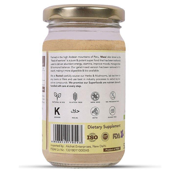 Rooted Actives Maca Root Extract powder (100 g) -Stamina, Virility, Hormonal support | Imported from Peru, Certified Organic, Gelatinised.