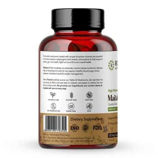 Rooted Maitake Mushroom Extract Capsules 120 Caps, 650 Mg each | Supports Cardio Health & Immunity | Helps Cholesterol, BP & Blood Sugar Levels - CBD Store India