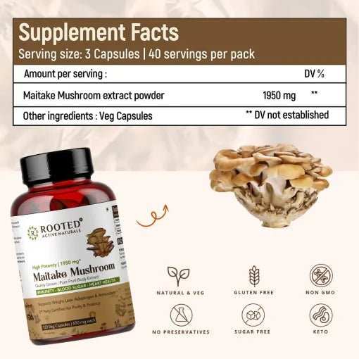 Rooted Maitake Mushroom Extract Capsules 120 Caps, 650 Mg each | Supports Cardio Health & Immunity | Helps Cholesterol, BP & Blood Sugar Levels - CBD Store India
