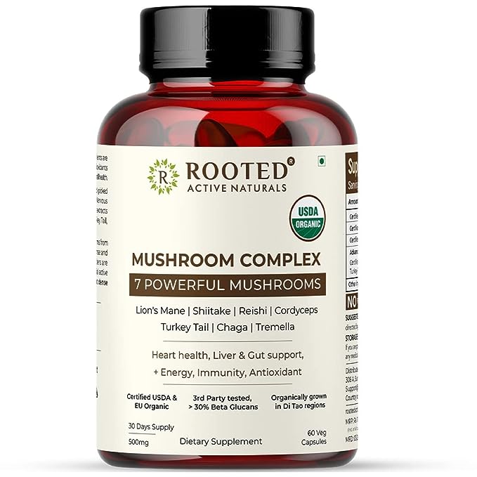 Rooted Mushroom Complex - 7 Mushrooms blend for Heart, Liver, Gut, Energy & Immunity (120 Veg Caps, 500 mg) |USDA organic, 30% Beta Glucans - CBD Store India