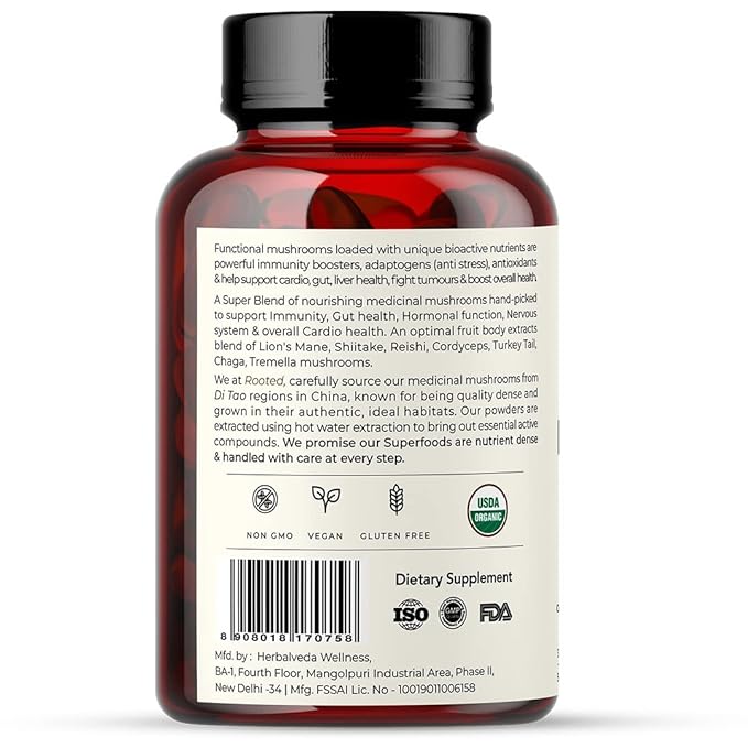 7 Mushrooms blend for Heart, Liver, Gut, Energy & Immunity (120 Veg Caps, 500 mg) - CBD Store India