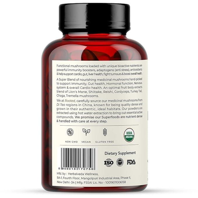 Rooted Mushroom Complex - 7 Mushrooms blend for Heart, Liver, Gut, Energy & Immunity (120 Veg Caps, 500 mg)Mushroom Extract CapsuleRooted Mushroom Complex - Organic Supplement | 7 Mushrooms