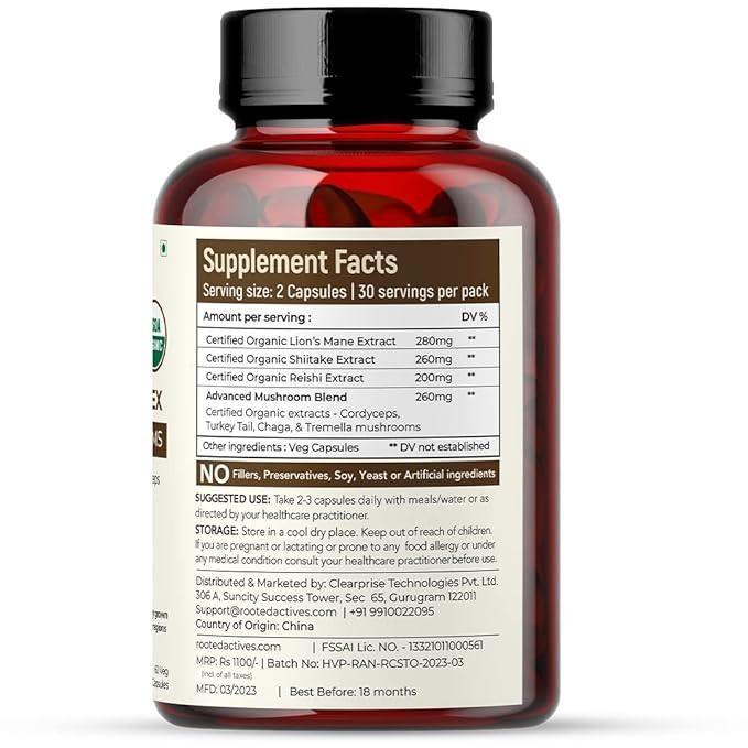 Rooted Mushroom Complex - 7 Mushrooms blend for Heart, Liver, Gut, Energy & Immunity (120 Veg Caps, 500 mg).