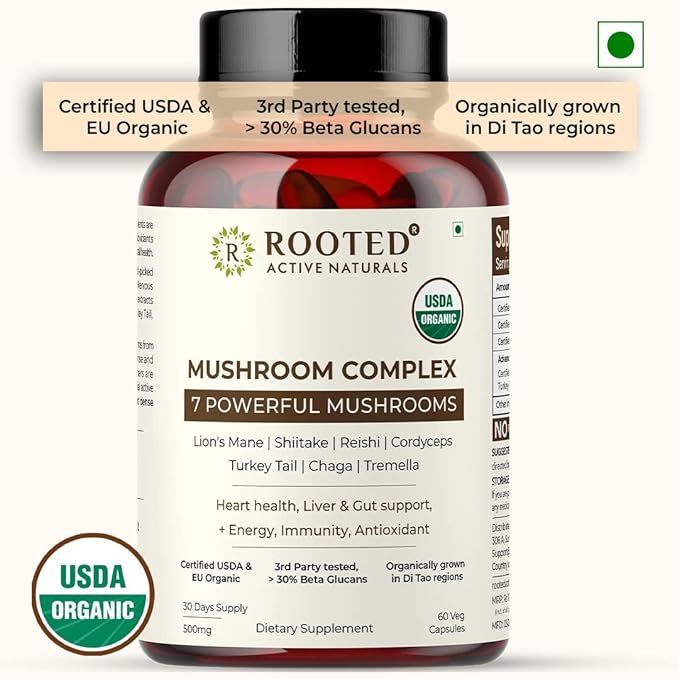 Rooted Mushroom Complex - 7 Mushrooms blend for Heart, Liver, Gut, Energy & Immunity (120 Veg Caps, 500 mg) |USDA organic, 30% Beta Glucans - CBD Store India