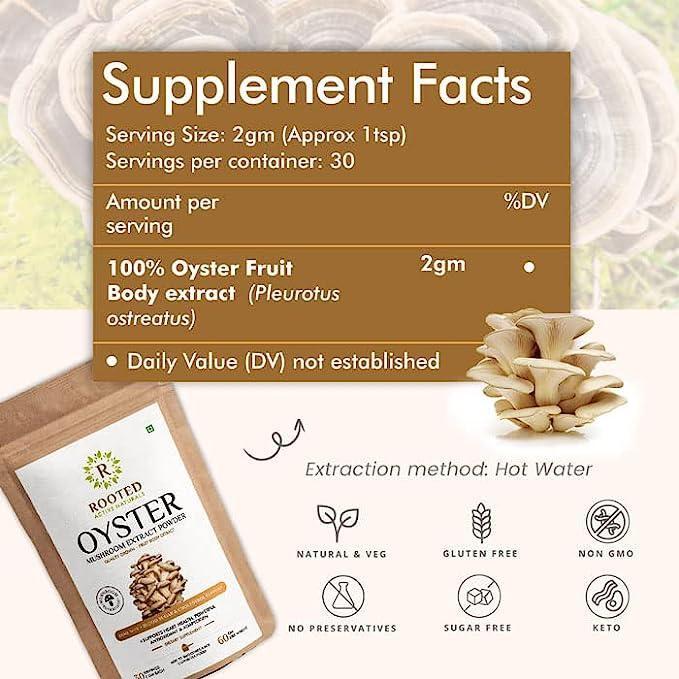 Rooted Actives Oyster Mushroom Extract Powder | Supports Immunity, Cardio Health, Helps Healthy Cholesterol & Maintain Blood Sugar Levels.