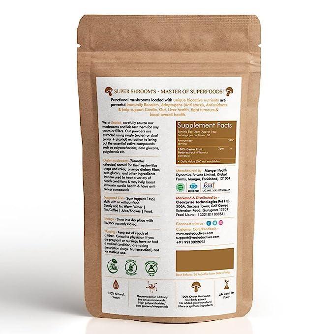 Rooted Actives Oyster Mushroom Extract Powder | Supports Immunity, Cardio Health, Helps Healthy Cholesterol & Maintain Blood Sugar Levels.
