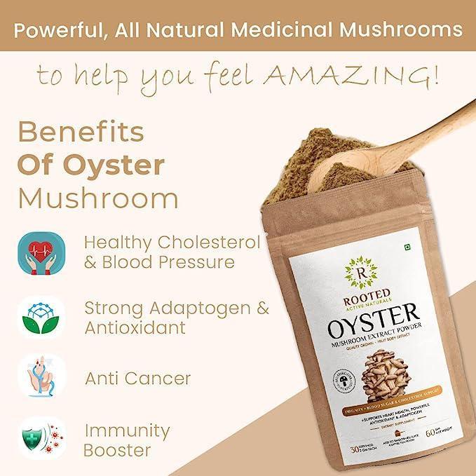 Rooted Actives Oyster Mushroom Extract Powder | Supports Immunity, Cardio Health, Helps Healthy Cholesterol & Maintain Blood Sugar Levels.