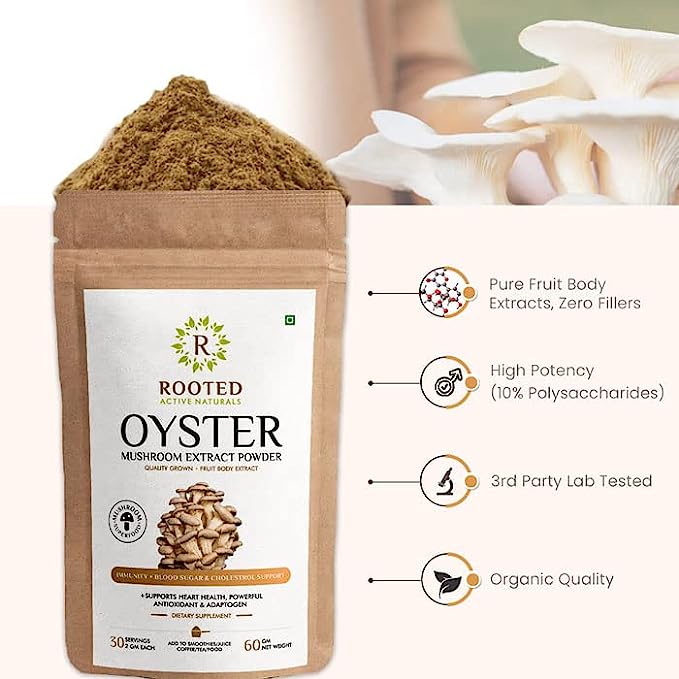 Rooted Oyster Mushroom Extract Powder | Supports Immunity, Cardio Health, Helps Healthy Cholesterol & Maintain Blood Sugar Levels | For Immunomodulatory Support - CBD Store India