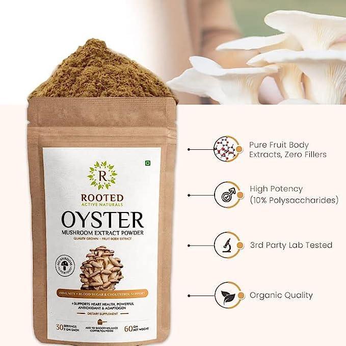 Rooted Actives Oyster Mushroom Extract Powder | Supports Immunity, Cardio Health, Helps Healthy Cholesterol & Maintain Blood Sugar Levels.