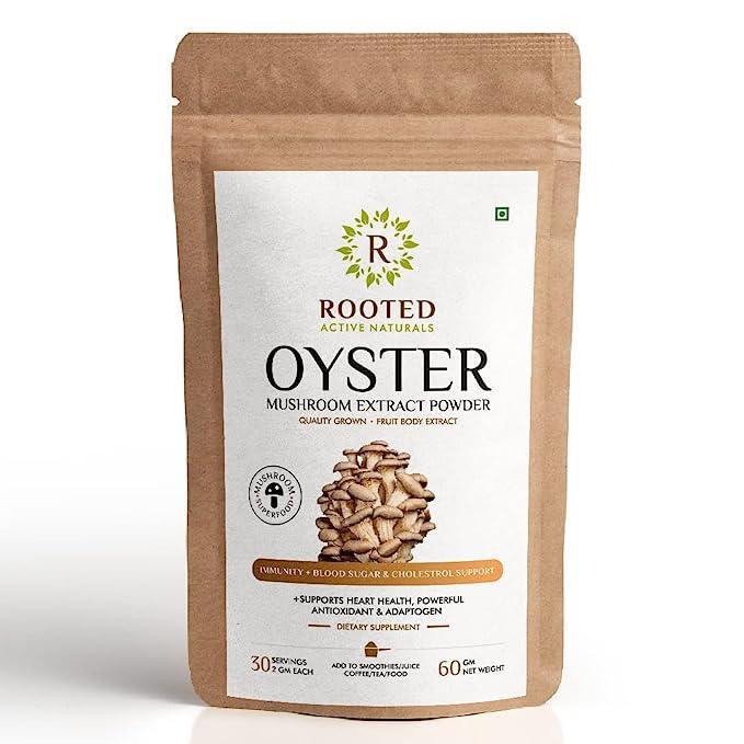 Rooted Actives Oyster Mushroom Extract Powder | Supports Immunity, Cardio Health, Helps Healthy Cholesterol & Maintain Blood Sugar Levels.