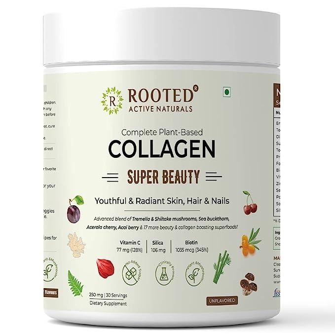 Rooted Actives Plant Based Collagen Supplement, 250 g . Sugar freePowderRooted Plant Based Collagen Supplement for Women & Men