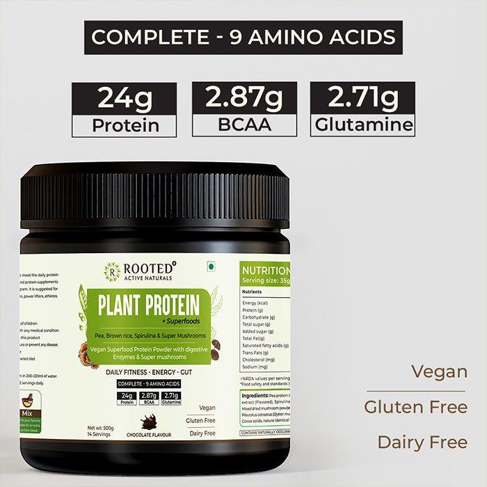 Rooted Plant Protein powder, 24gm protein from Pea, Super Mushrooms, Brown Rice, Spirulina & | Probiotics, Enzymes, Super mushrooms 500 gm | Choclate flavour - CBD Store India