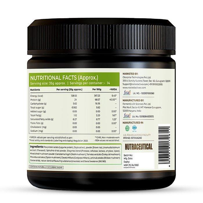Rooted Plant Protein powder, 24gm protein from Pea, Super Mushrooms, Brown Rice, Spirulina, 500 gm.
