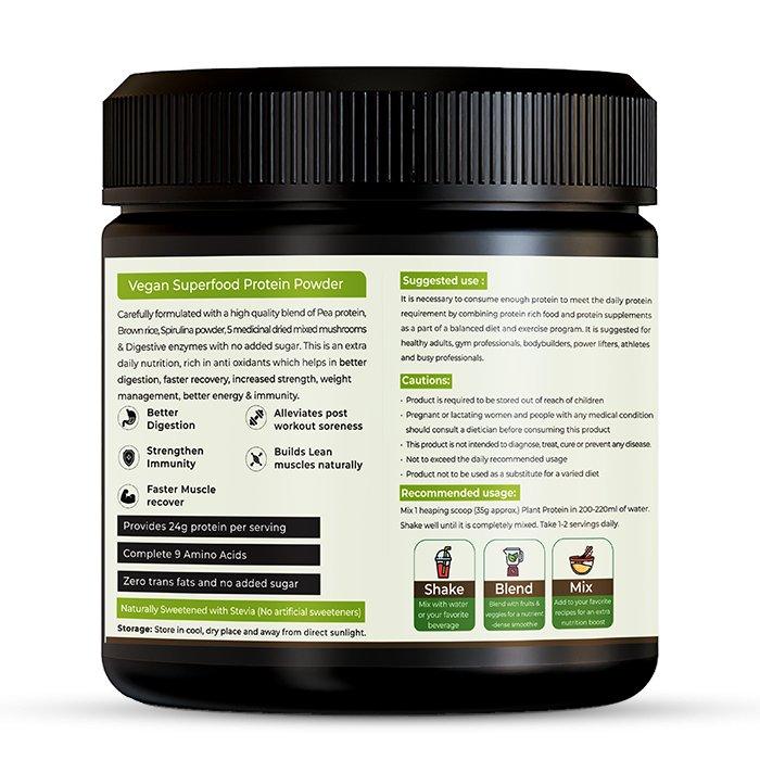 Rooted Plant Protein powder, 24gm protein from Pea, Super Mushrooms, Brown Rice, Spirulina, 500 gmPlant ProteinPlant Protein powder | Super Medicinal Mushrooms & Spirulina