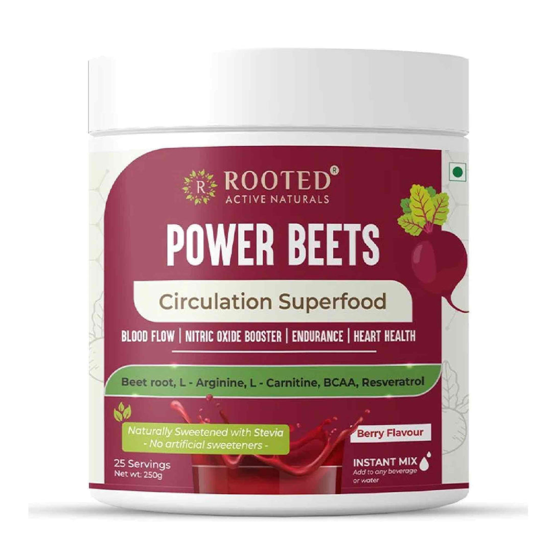 Rooted Actives Power Beets ( 250 g) - Organic Beet root powder with L arginine, L Carnitine, BCAA, Reservatrol & Stevia | Heart, Endurance, Nitric oxide boosterBeet Root PowderPower Beets | Beet Root Powder | Beet Root super drink mix