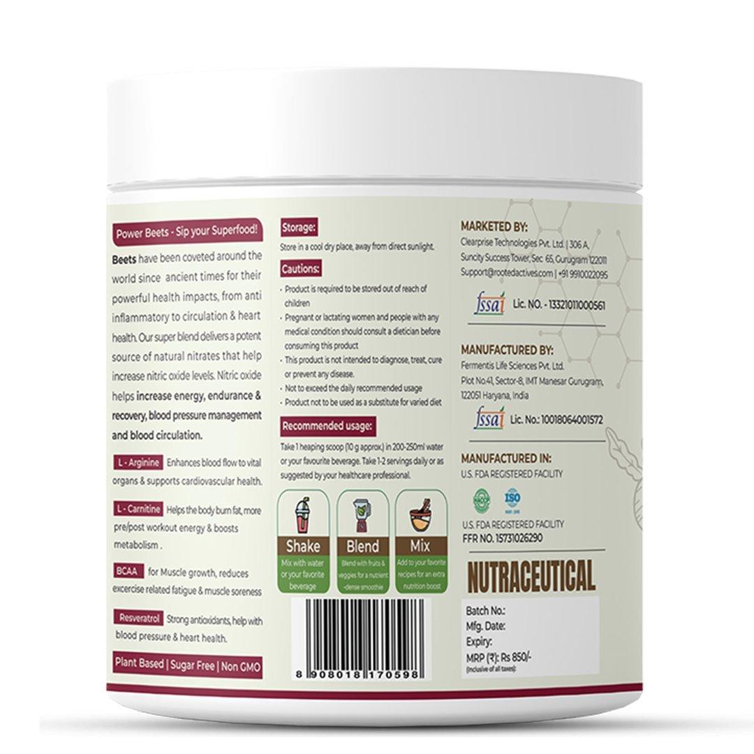 Rooted Actives Power Beets ( 250 g) - Organic Beet root powder with L arginine, L Carnitine, BCAA, Reservatrol & Stevia | Heart, Endurance, Nitric oxide booster.