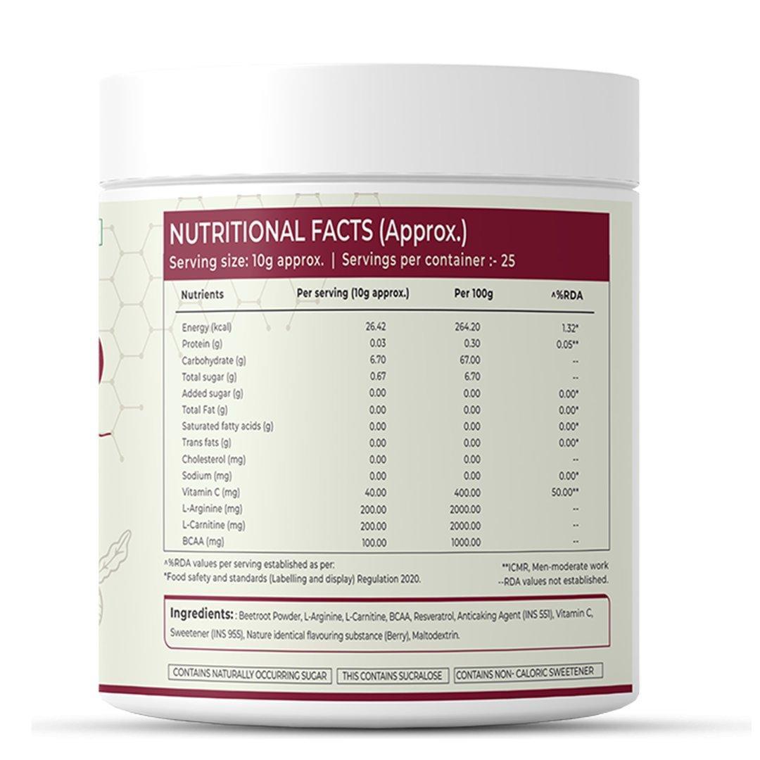 Rooted Actives Power Beets ( 250 g) - Organic Beet root powder with L arginine, L Carnitine, BCAA, Reservatrol & Stevia | Heart, Endurance, Nitric oxide booster.