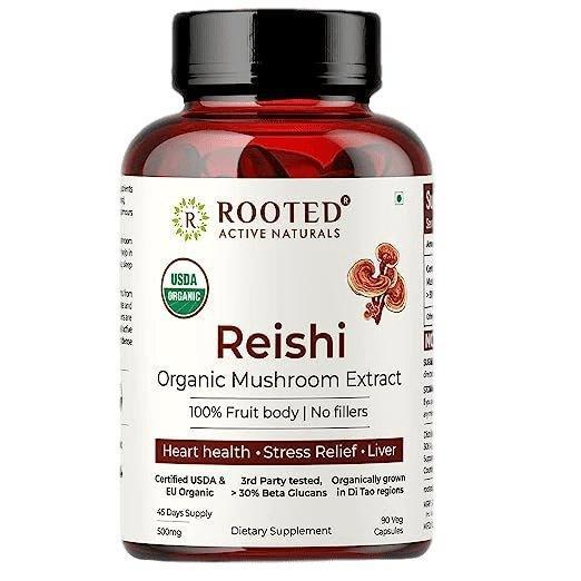 Rooted Actives Reishi mushroom Extract Capsule( 500 mg) | Heart health, Stress Relief, Liver support.
