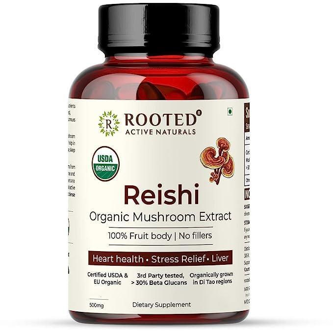 Rooted Actives Reishi mushroom Extract Capsule( 500 mg) | Heart health, Stress Relief, Liver support.