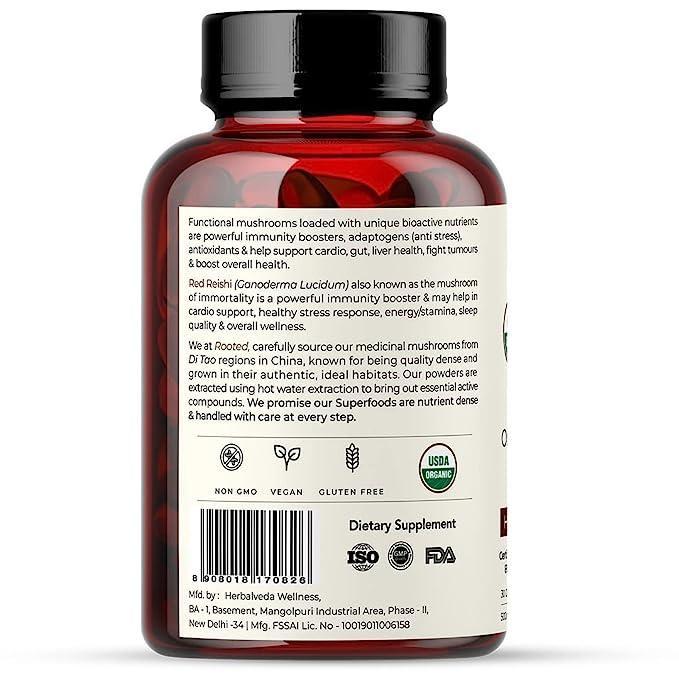 Rooted Actives Reishi mushroom Extract Capsule( 500 mg) | Heart health, Stress Relief, Liver support.