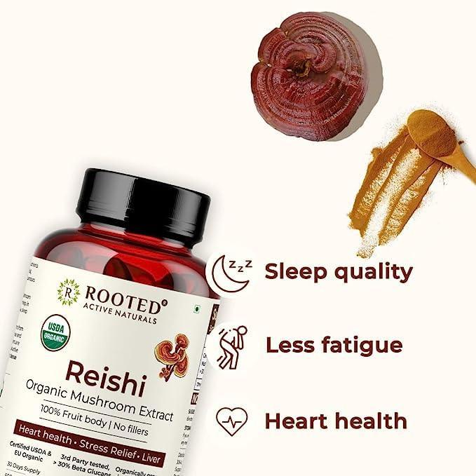 Rooted Actives Reishi mushroom Extract Capsule( 500 mg) | Heart health, Stress Relief, Liver support.