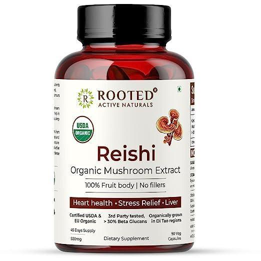 Rooted Actives Reishi mushroom Extract Capsule( 500 mg) | Heart health, Stress Relief, Liver support.