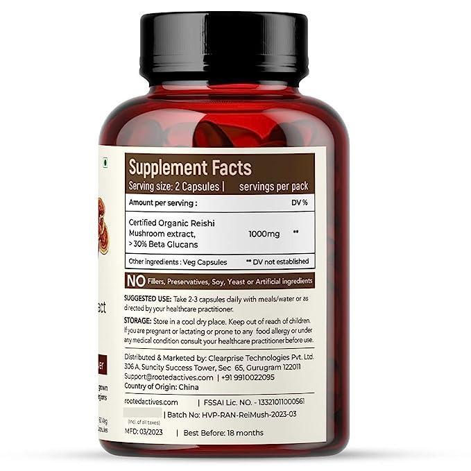 Rooted Actives Reishi mushroom Extract Capsule( 500 mg) | Heart health, Stress Relief, Liver support.