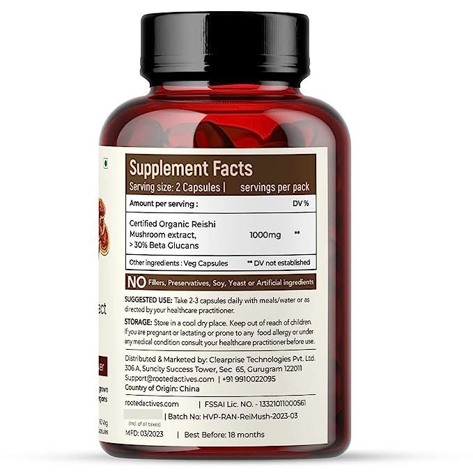 Rooted Actives Reishi mushroom Extract Capsule( 500 mg) | Heart health, Stress Relief, Liver supportMushroom Extract CapsuleReishi Mushroom Extract Capsules | For Heart, Liver Health & Immunity
