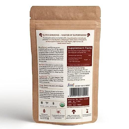 Rooted Actives Reishi mushroom Extract Powder | Heart health, Stress Relief, Liver.  supportUSDA Organic, 30% Beta Glucans.