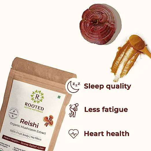 Rooted Actives Reishi mushroom Extract Powder | Heart health, Stress Relief, Liver.  supportUSDA Organic, 30% Beta GlucansMushroom Extract PowderReishi Mushroom Extract Powder | For Heart, Liver Health & Immunity