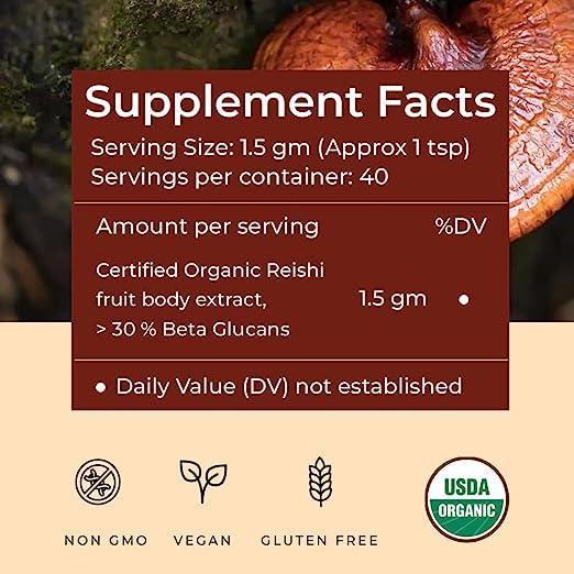 Rooted Actives Reishi mushroom Extract Powder | Heart health, Stress Relief, Liver.  supportUSDA Organic, 30% Beta Glucans.