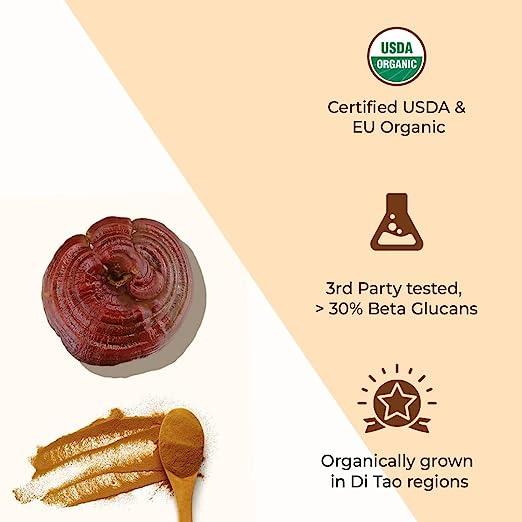 Rooted Actives Reishi mushroom Extract Powder | Heart health, Stress Relief, Liver.  supportUSDA Organic, 30% Beta GlucansMushroom Extract PowderReishi Mushroom Extract Powder | For Heart, Liver Health & Immunity